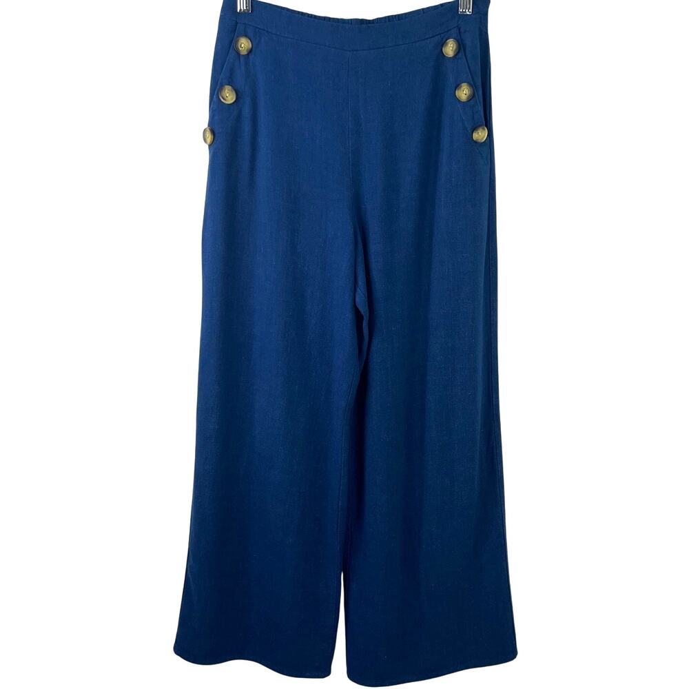 Monteau Women's Linen Blue Pants High Rise Button Accent Crop Wide Leg Size M